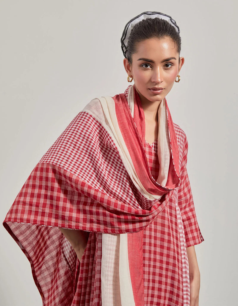 Red Overlap Pleated Set gamcha co-ord set by 145 East in red for women Worldwide