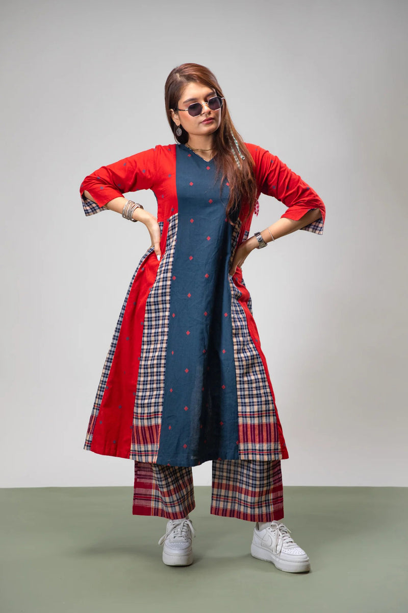 Poppy Set (Dress + Palazzo) cotton,gamcha co-ord set by 145 East in red, blue for women Worldwide