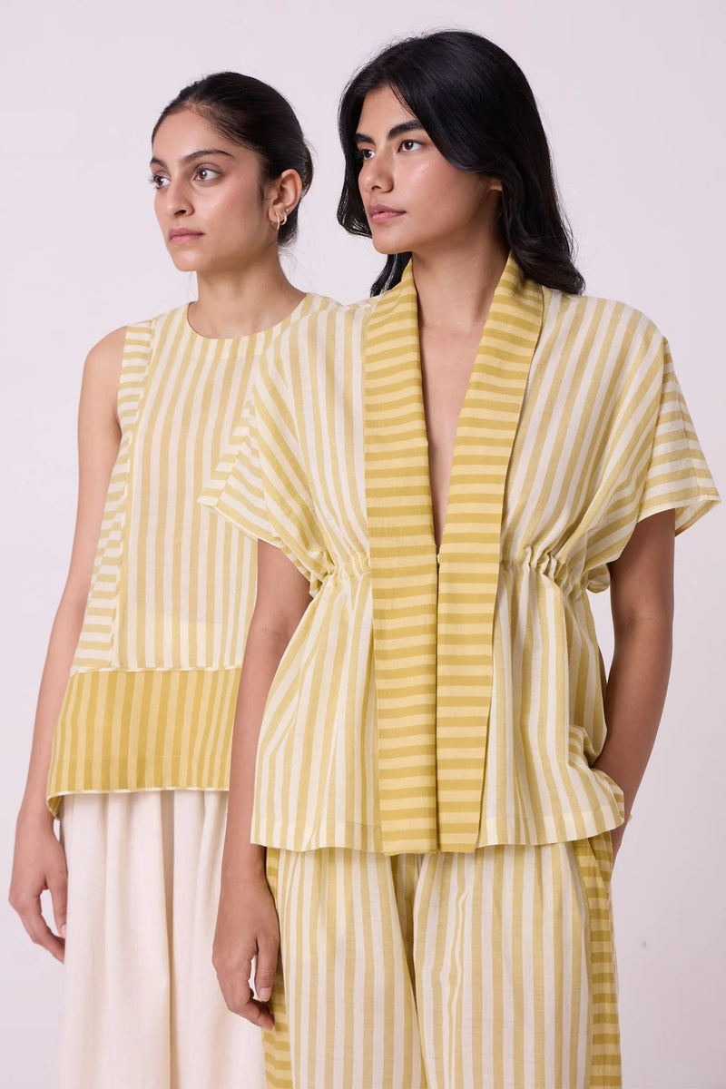 Sajith Yellow Striped Handwoven Tie Top handwoven cotton top/shirt by The Summer House in yellow for women Worldwide