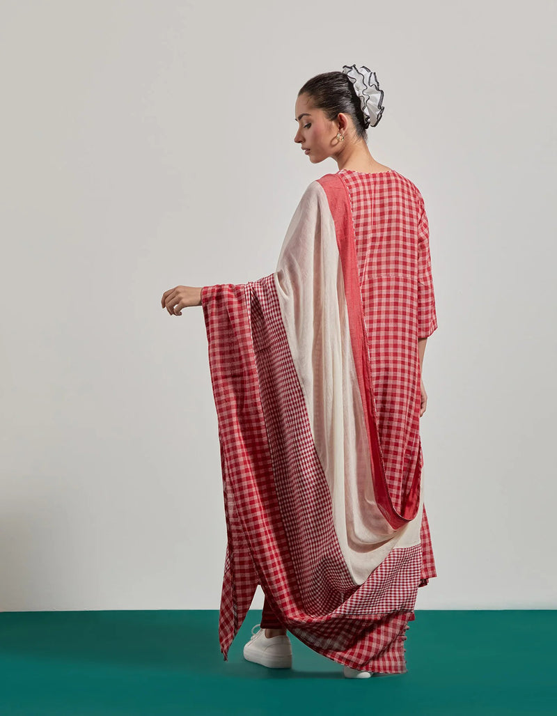 Red Overlap Pleated Set gamcha co-ord set by 145 East in red for women Worldwide