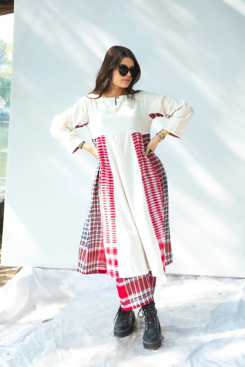 Side Panelled Dress + Palazzo Set (2 Piece Set) cotton,gamcha kurta/kurta set by 145 East in red, white for women Worldwide