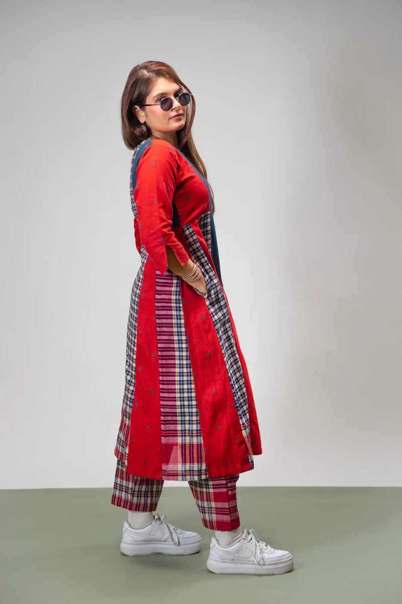Poppy Set (Dress + Palazzo) cotton,gamcha co-ord set by 145 East in red, blue for women Worldwide