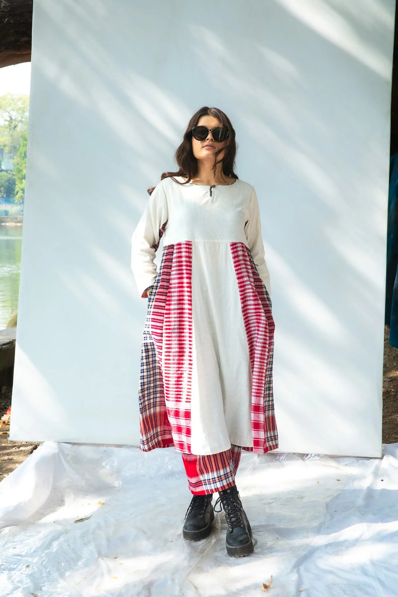 Side Panelled Dress + Palazzo Set (2 Piece Set) cotton,gamcha kurta/kurta set by 145 East in red, white for women Worldwide