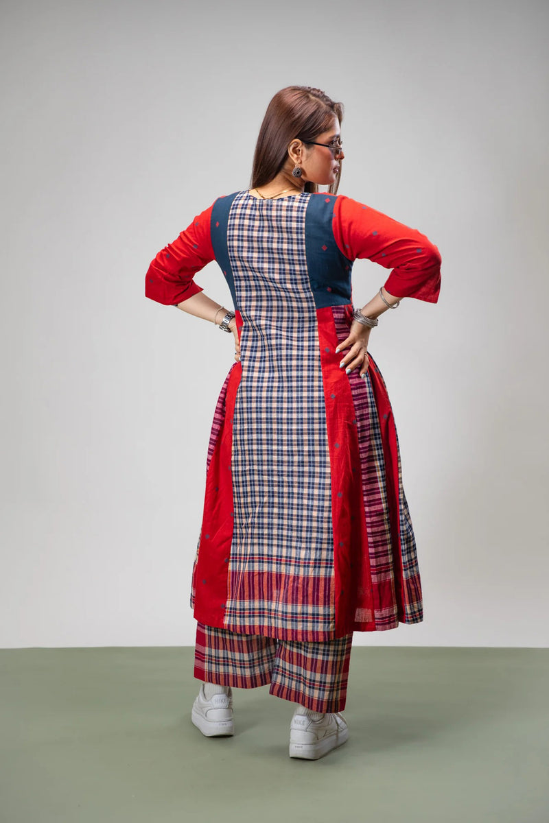 Poppy Set (Dress + Palazzo) cotton,gamcha co-ord set by 145 East in red, blue for women Worldwide