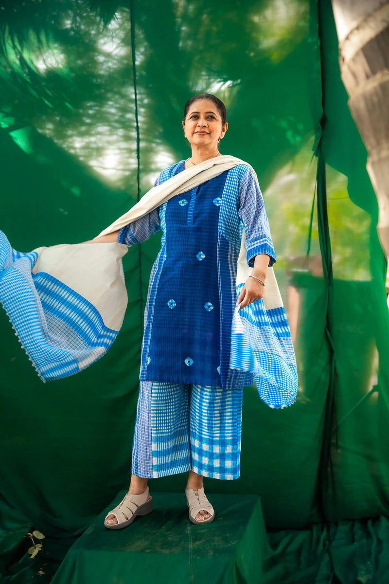 Blue Tie-Dye ColourBlock Dress Set gamcha + cotton co-ord set by 145 East in blue, white for women Worldwide