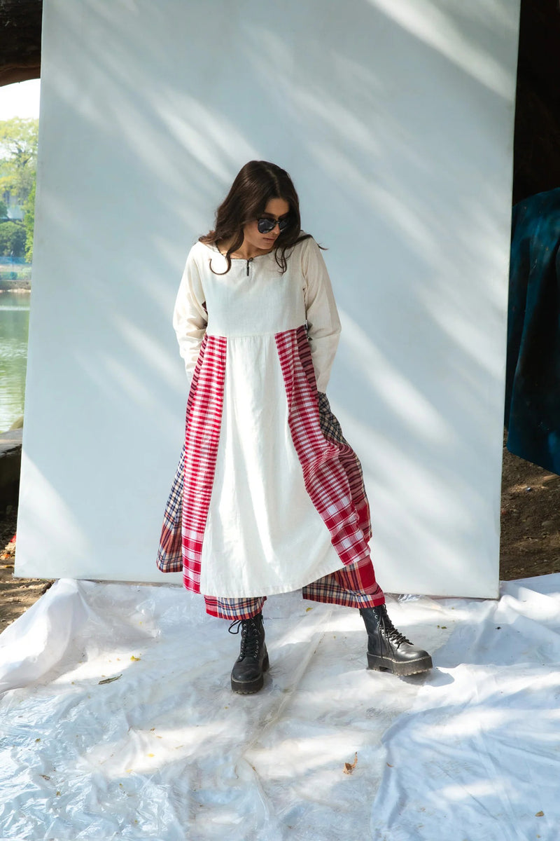 Side Panelled Dress + Palazzo Set (2 Piece Set) cotton,gamcha kurta/kurta set by 145 East in red, white for women Worldwide