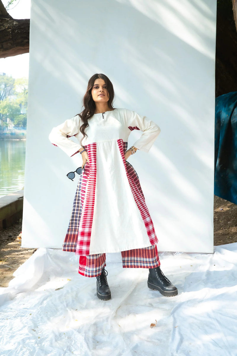 Side Panelled Dress + Palazzo Set (2 Piece Set) cotton,gamcha kurta/kurta set by 145 East in red, white for women Worldwide