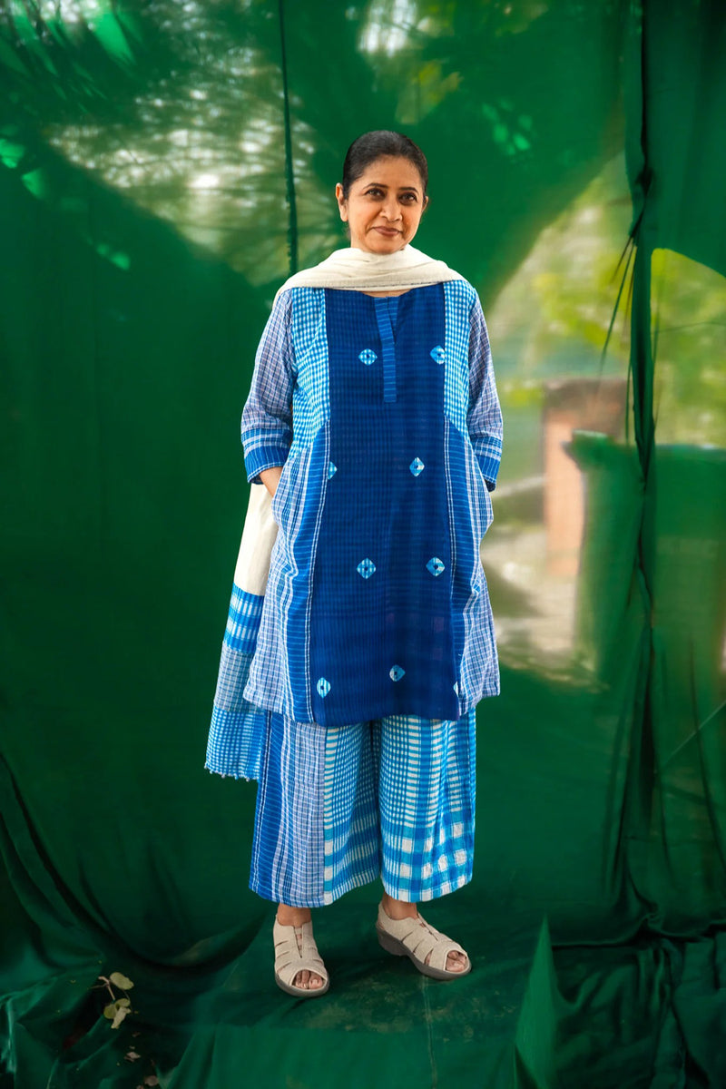 Blue Tie-Dye ColourBlock Dress Set gamcha + cotton co-ord set by 145 East in blue, white for women Worldwide