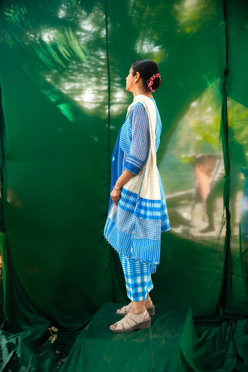 Blue Tie-Dye ColourBlock Dress Set gamcha + cotton co-ord set by 145 East in blue, white for women Worldwide