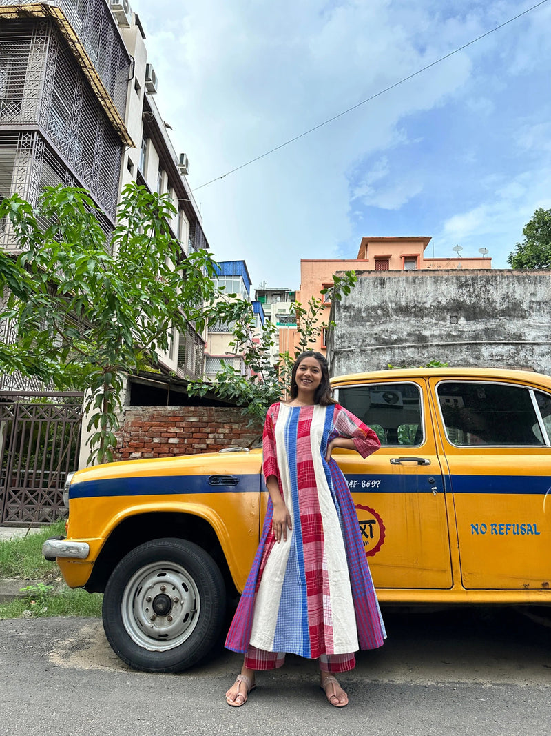 Miss Marvel 16 Panelled Set cotton,gamcha co-ord set by 145 East in red, blue, white for women Worldwide