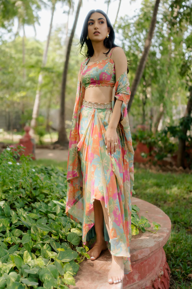 Verona Jacket Set pure crepe indo-western by Paulmi & Harsh in sea green for women Worldwide