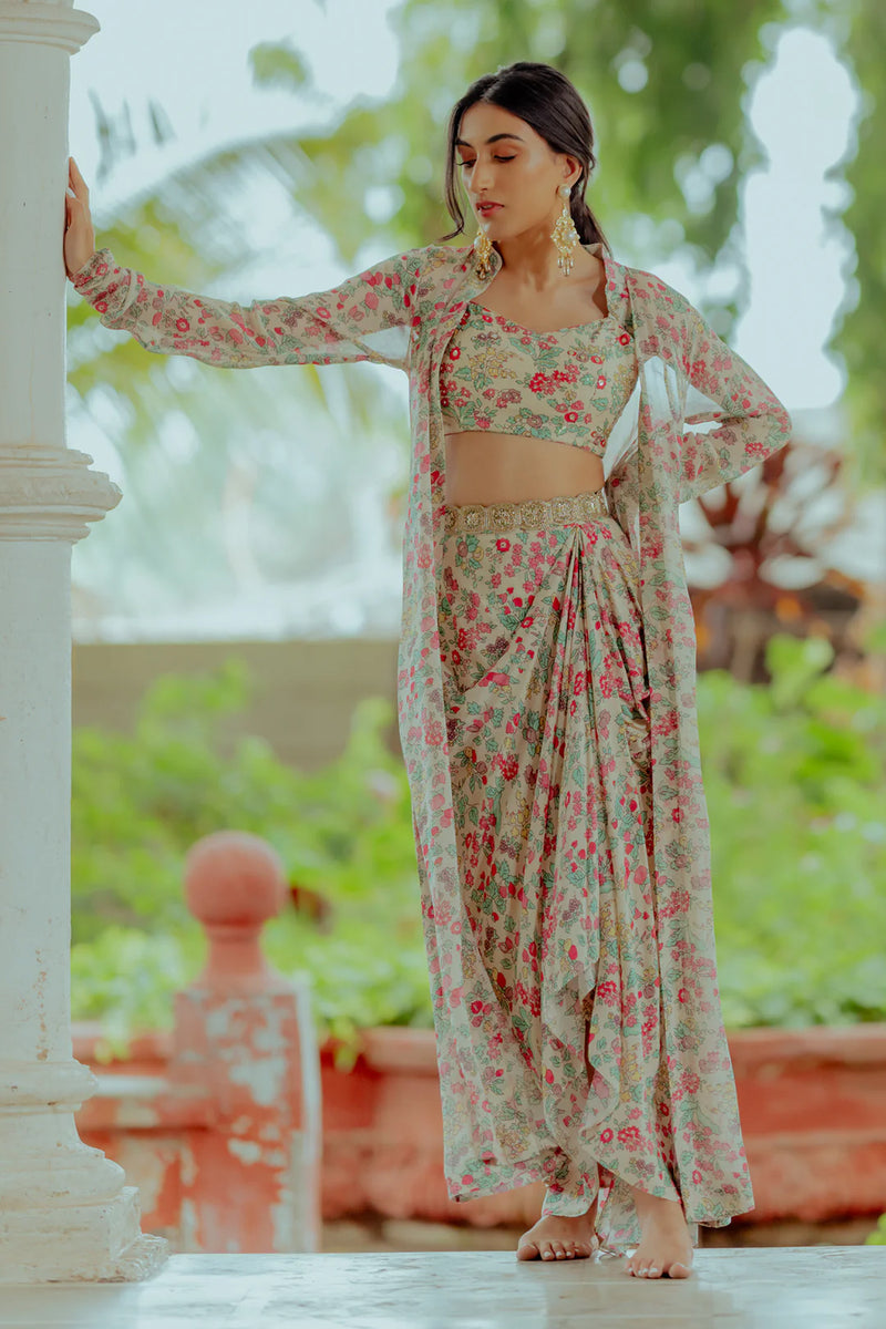 Rhea Jacket Set georgette indo-western by Paulmi & Harsh in ivory for women Worldwide