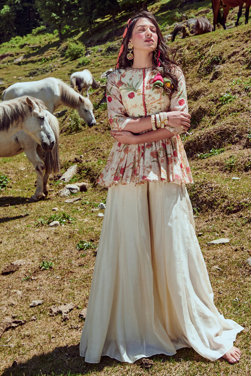 Ivora Peplum Set malai chanderi indo-western by Paulmi & Harsh in ivory for women Worldwide