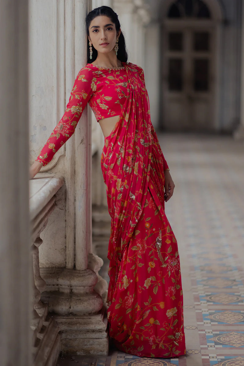 Alaia Saree Set – Peony Pink viscose georgette saree by Paulmi & Harsh in red for women Worldwide