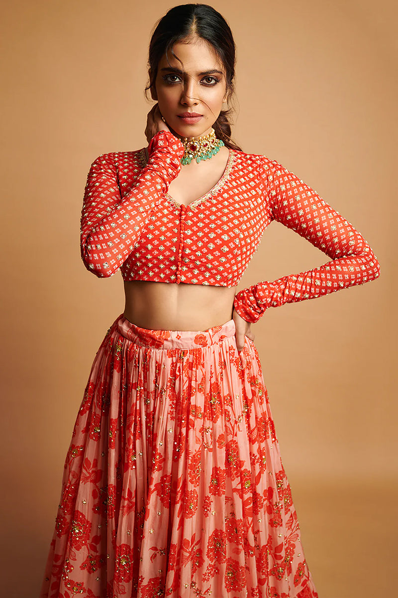 Malavika Mohanan In The Nadya Lehenga Set viscose georgette lehenga sets by Paulmi & Harsh in orange for women Worldwide