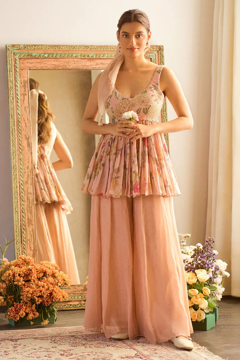 Chloe Peplum Set malai chanderi indo-western by Paulmi & Harsh in peach for women Worldwide