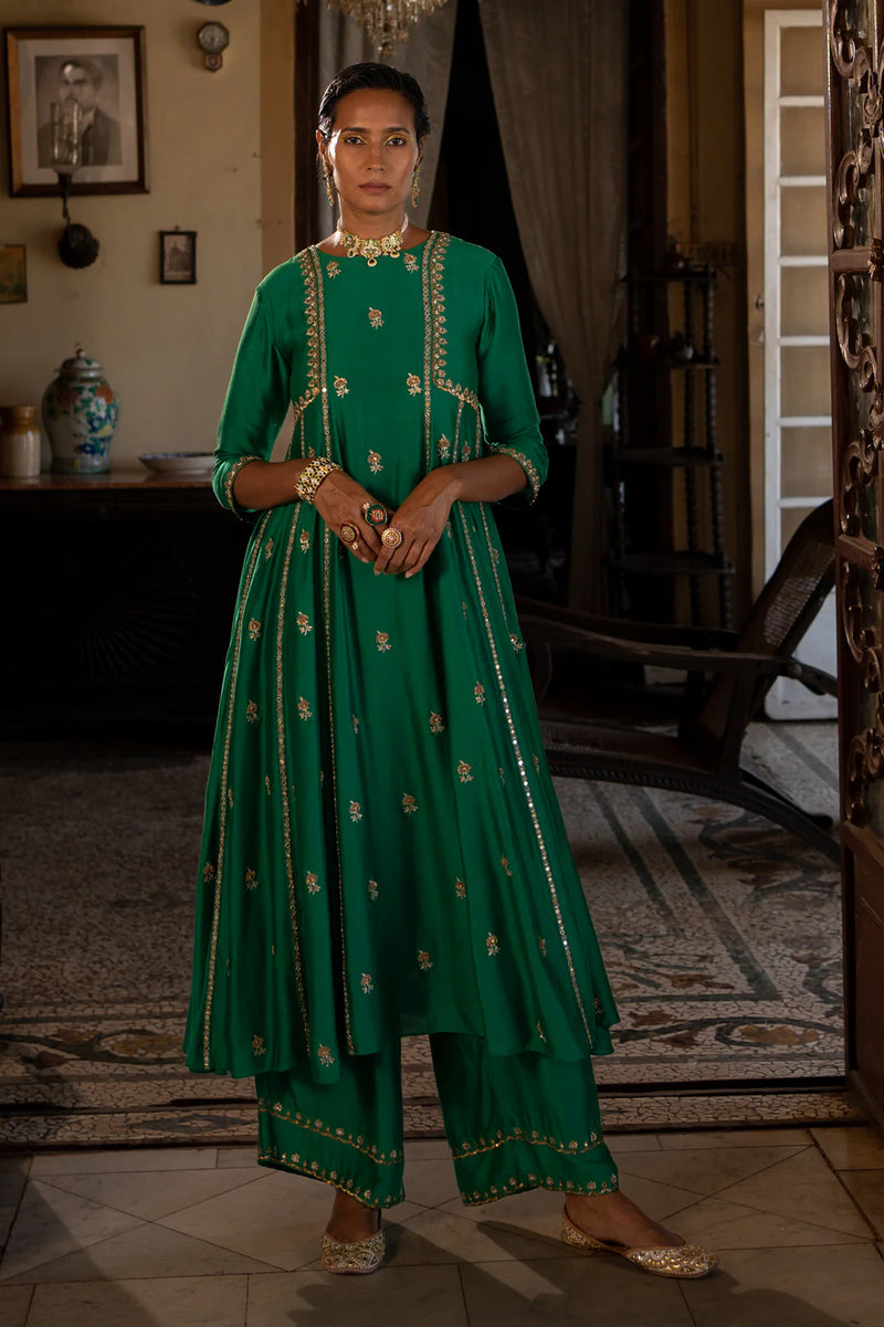 Aakasha Anarkali Set chiniya silk kurta/kurta set by Paulmi & Harsh in green for women Worldwide