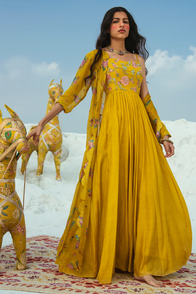 Yara Jacket Set cotton silk indo-western by Paulmi & Harsh in yellow for women Worldwide