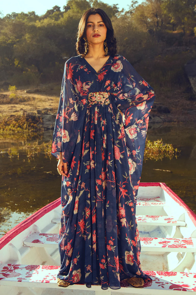 Hazel Kaftan – Indigo Chintz viscose georgette indo-western by Paulmi & Harsh in blue for women Worldwide