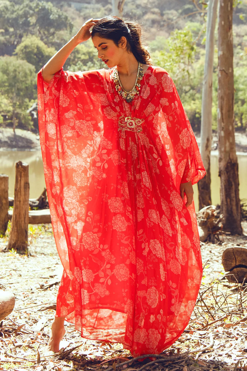 Hazel Kaftan – Red viscose georgette indo-western by Paulmi & Harsh in orange for women Worldwide