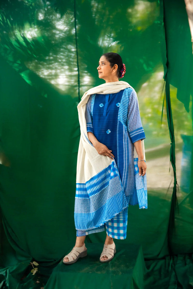 Blue Tie-Dye ColourBlock Dress Set gamcha + cotton co-ord set by 145 East in blue, white for women Worldwide