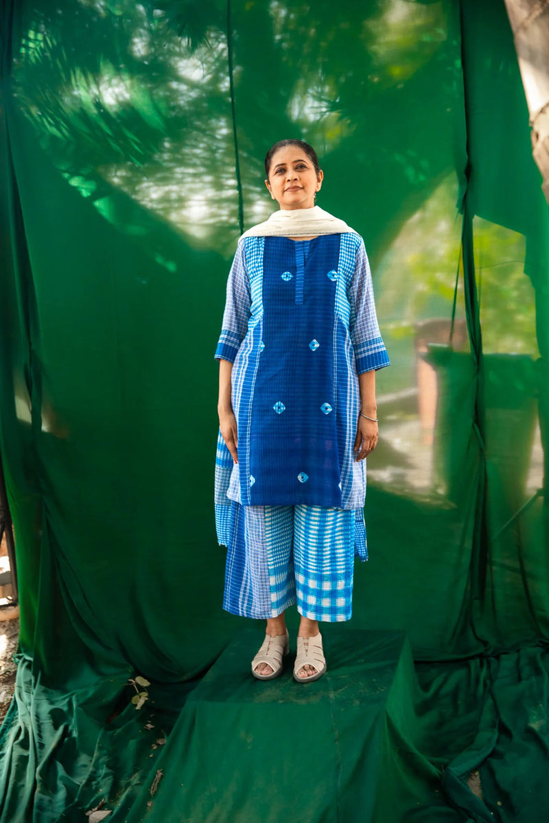 Blue Tie-Dye ColourBlock Dress Set gamcha + cotton co-ord set by 145 East in blue, white for women Worldwide