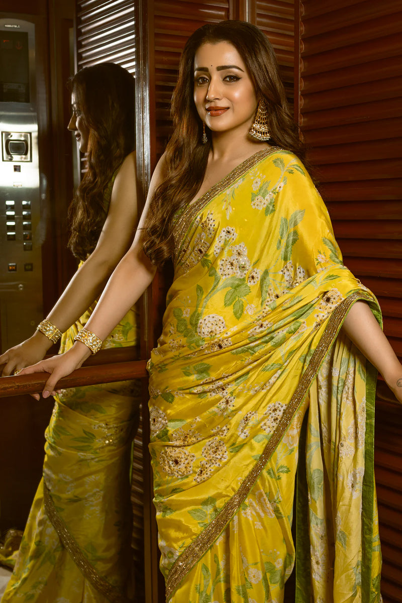 Trisha Krishnan In The Trisha Saree Set crepe saree by Paulmi & Harsh in yellow for women Worldwide