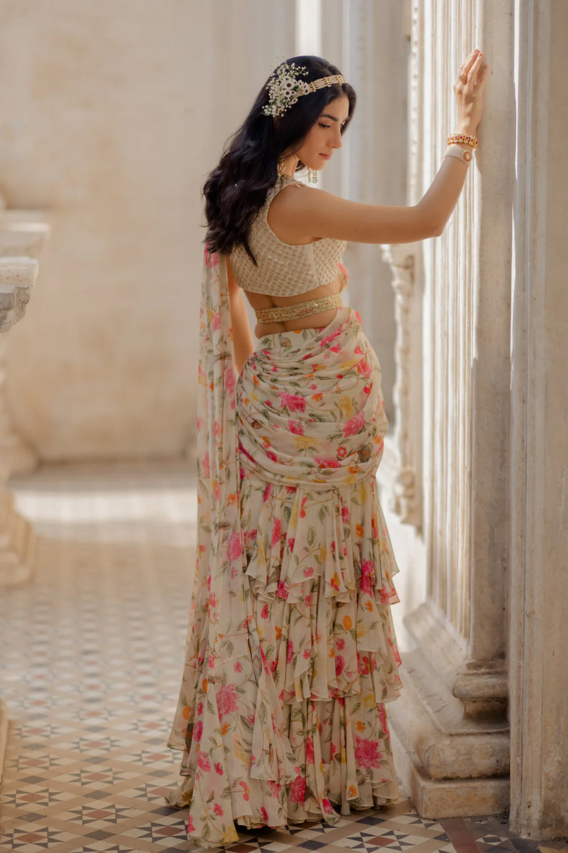 Isra Saree Set viscose georgette saree by Paulmi & Harsh in ivory for women Worldwide