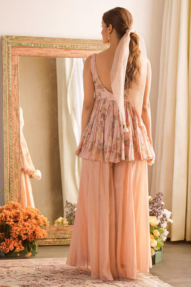 Chloe Peplum Set malai chanderi indo-western by Paulmi & Harsh in peach for women Worldwide