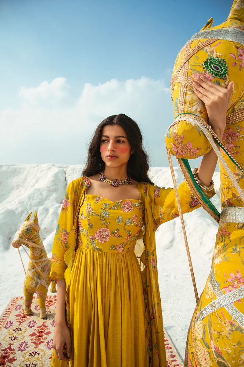 Yara Jacket Set cotton silk indo-western by Paulmi & Harsh in yellow for women Worldwide