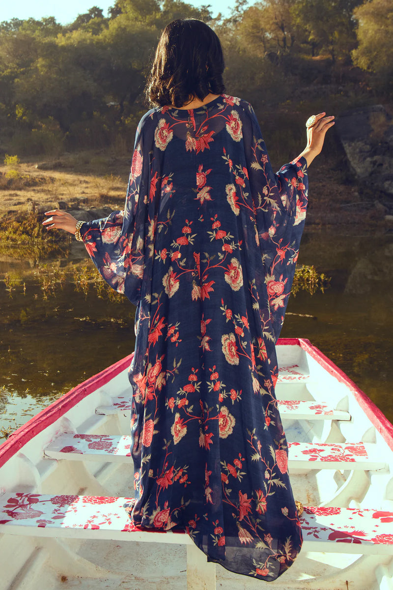 Hazel Kaftan – Indigo Chintz viscose georgette indo-western by Paulmi & Harsh in blue for women Worldwide