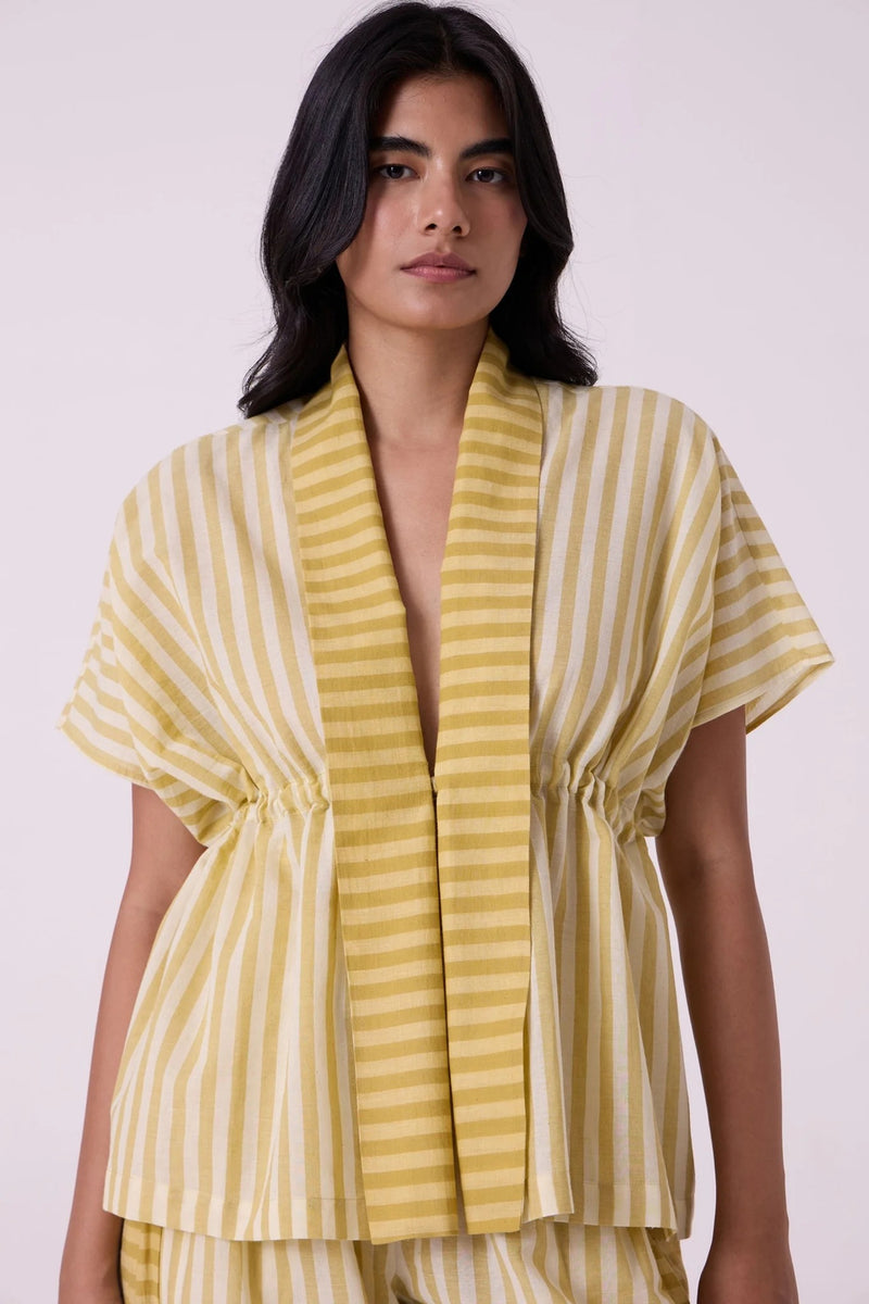 Sajith Yellow Striped Handwoven Tie Top handwoven cotton top/shirt by The Summer House in yellow for women Worldwide