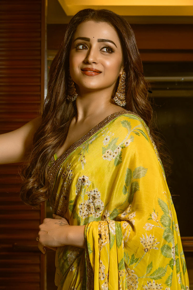Trisha Krishnan In The Trisha Saree Set crepe saree by Paulmi & Harsh in yellow for women Worldwide