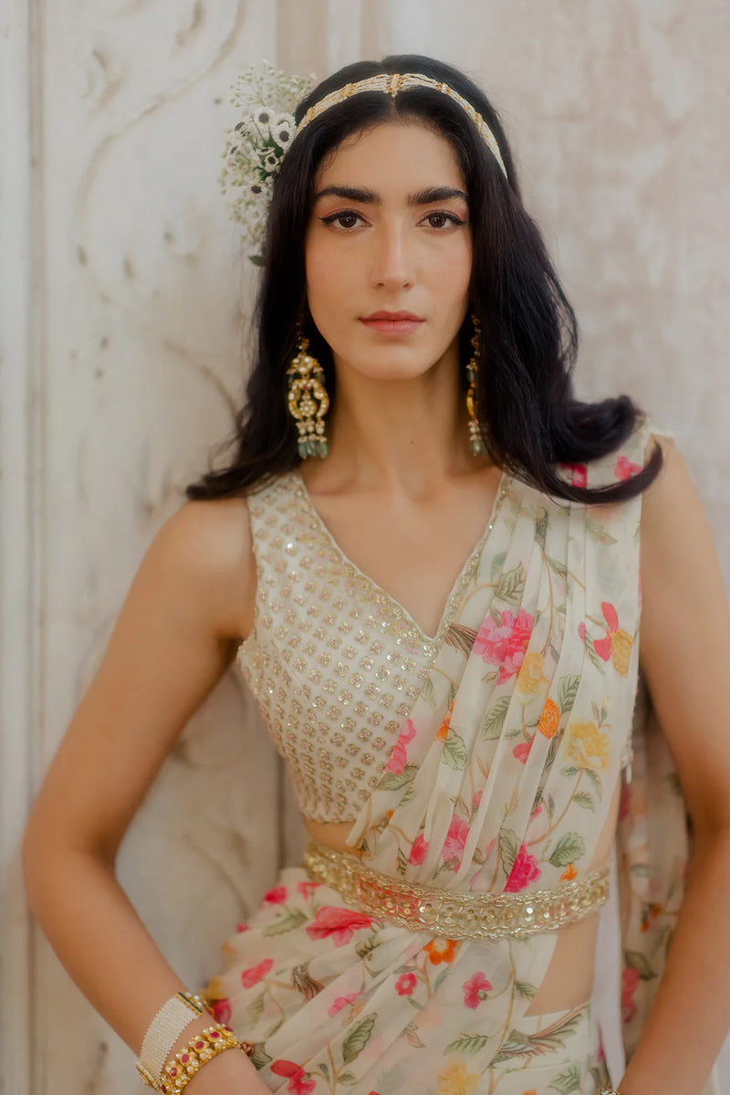 Isra Saree Set viscose georgette saree by Paulmi & Harsh in ivory for women Worldwide