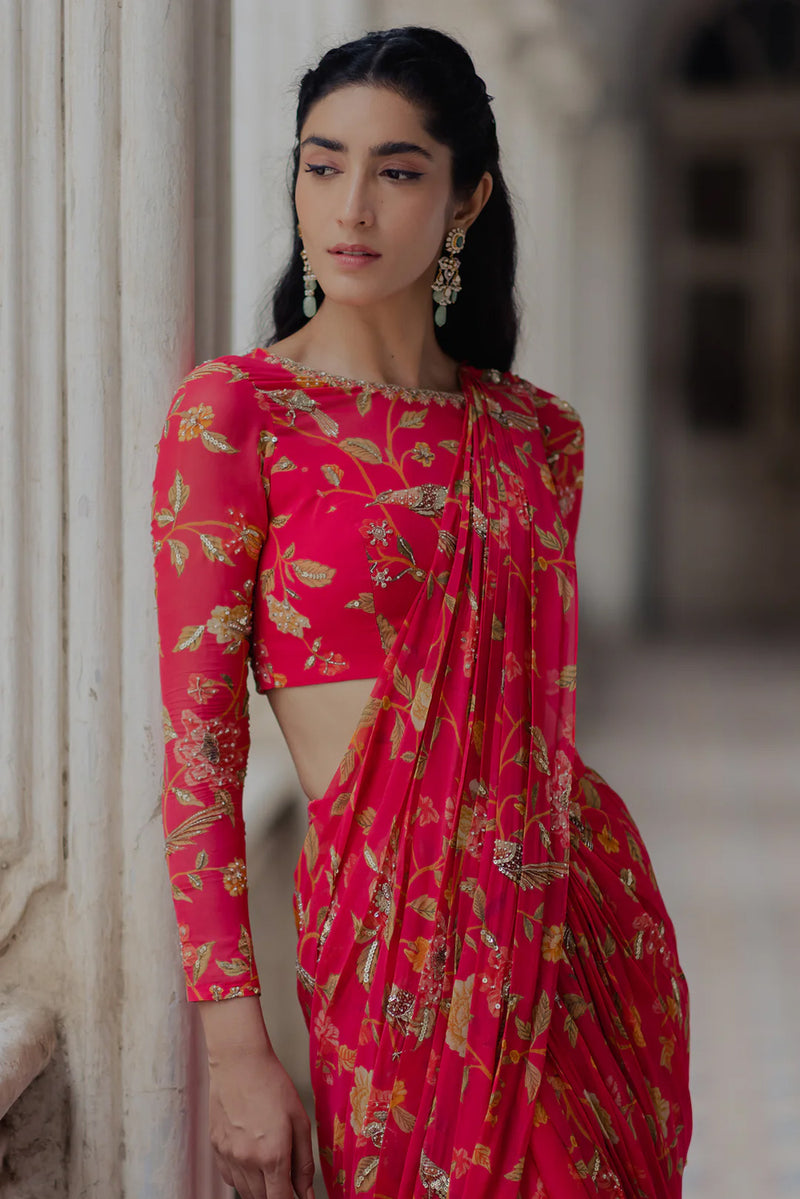Alaia Saree Set – Peony Pink viscose georgette saree by Paulmi & Harsh in red for women Worldwide