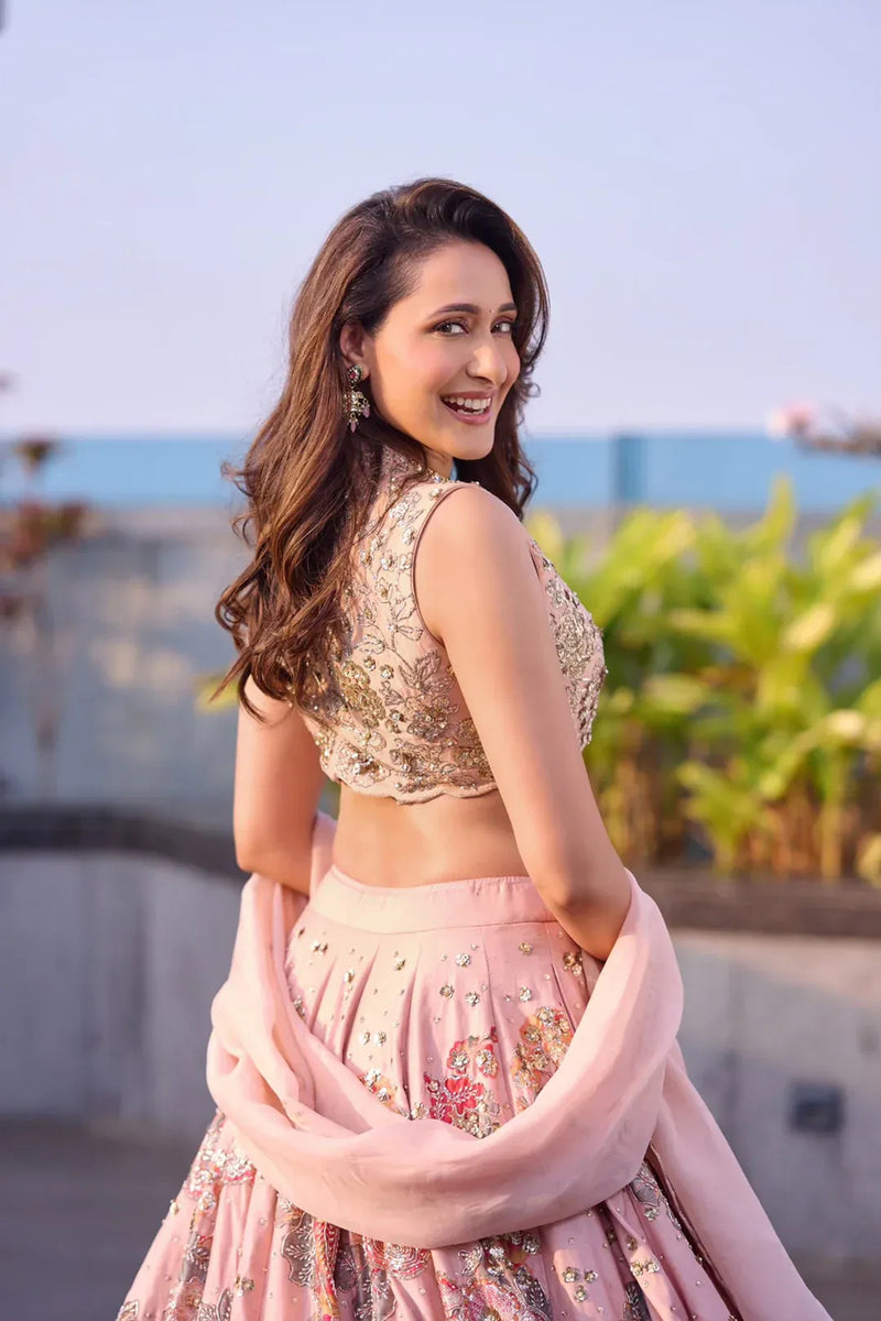 Jaiswal Pragya In The Vincenza Lehenga Set chiniya silk lehenga sets by Paulmi & Harsh in pink for women Worldwide