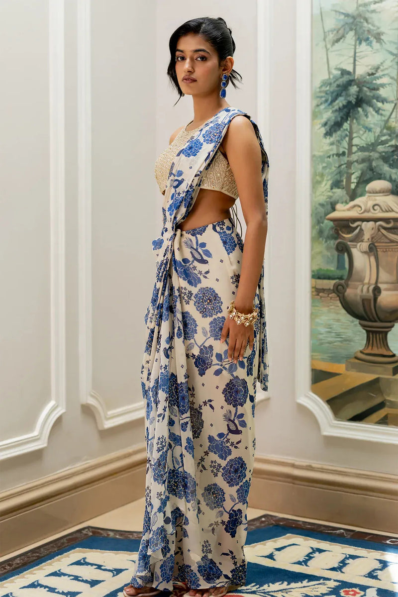 Emily Saree Set – Ivory georgette saree by Paulmi & Harsh in blue for women Worldwide