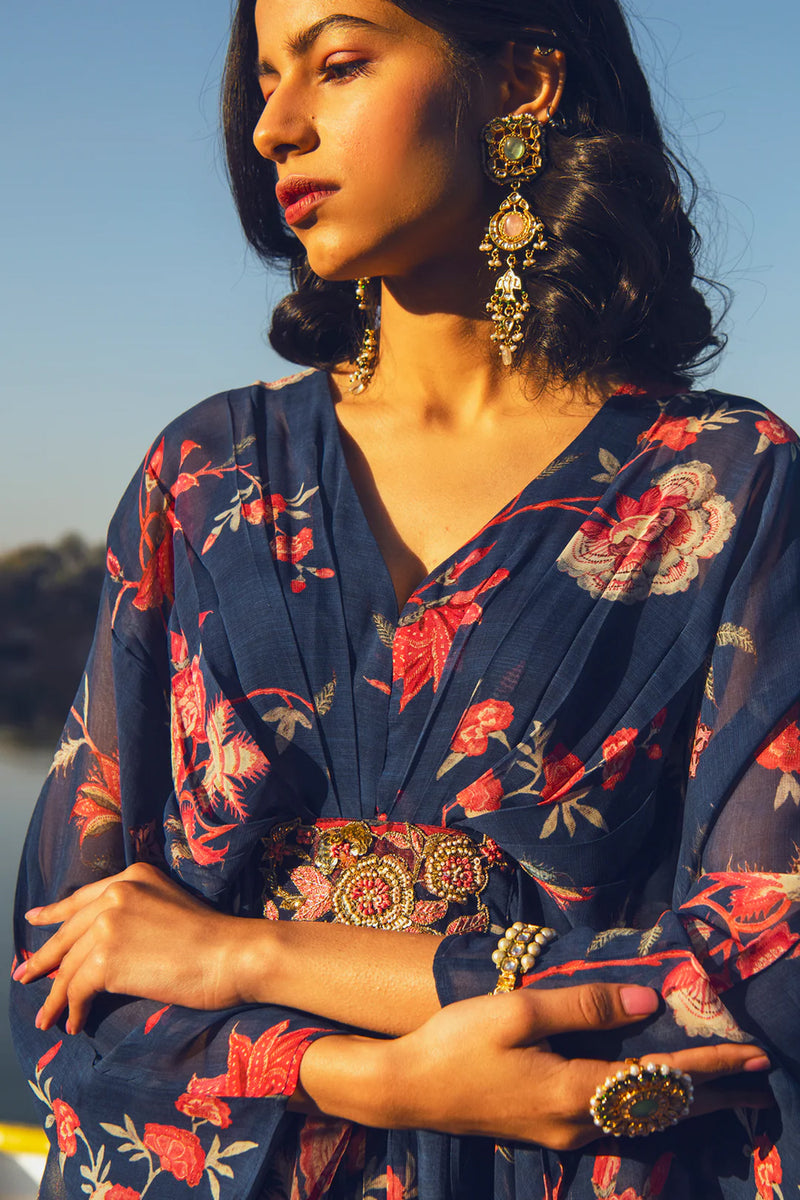 Hazel Kaftan – Indigo Chintz viscose georgette indo-western by Paulmi & Harsh in blue for women Worldwide