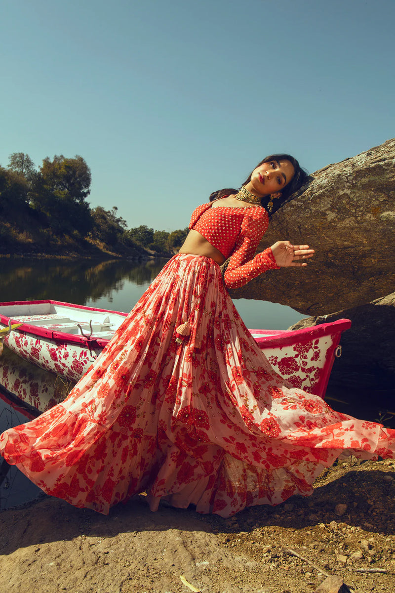 Malavika Mohanan In The Nadya Lehenga Set viscose georgette lehenga sets by Paulmi & Harsh in orange for women Worldwide