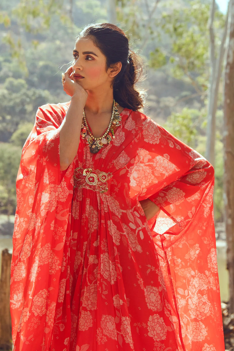 Hazel Kaftan – Red viscose georgette indo-western by Paulmi & Harsh in orange for women Worldwide