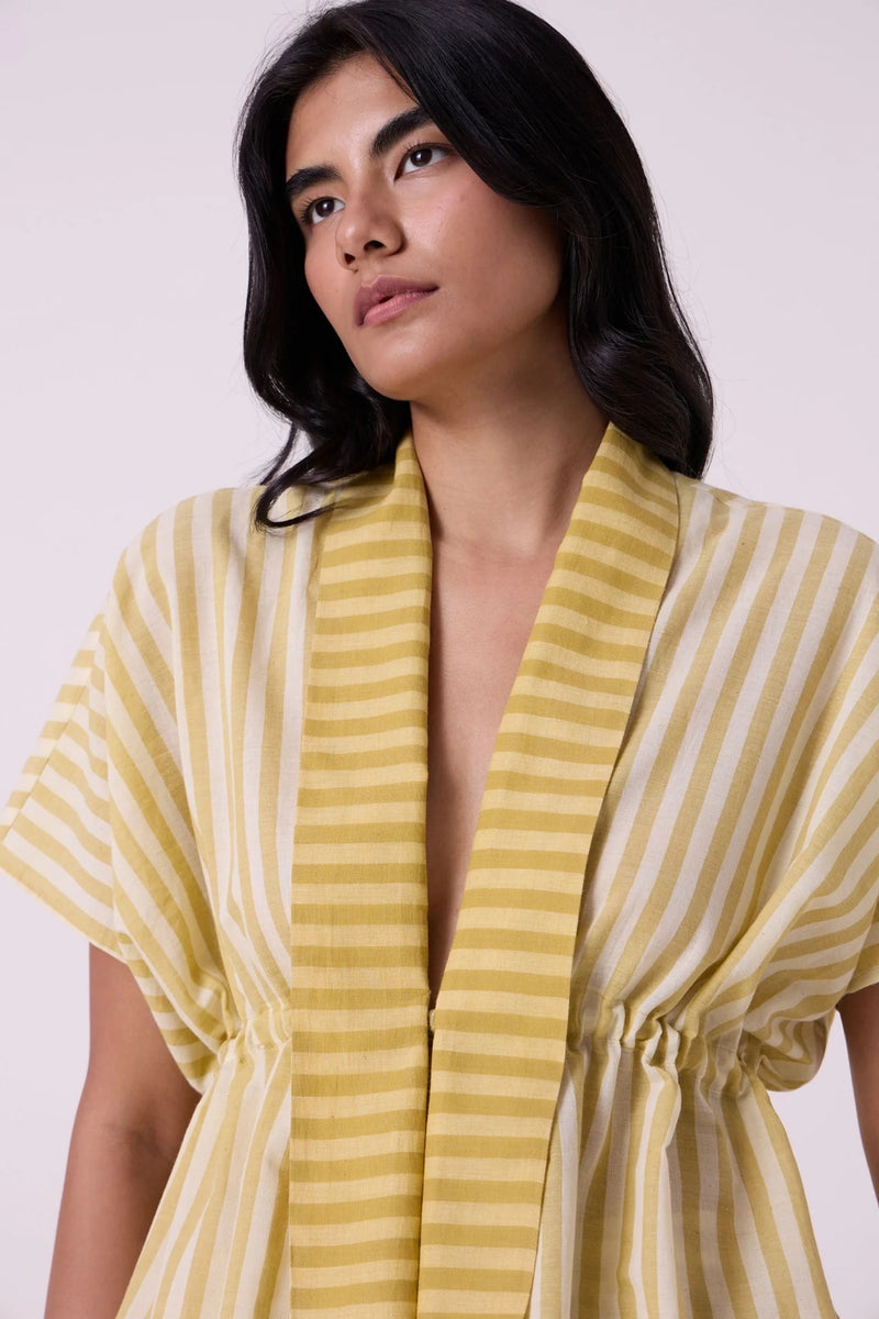 Sajith Yellow Striped Handwoven Tie Top handwoven cotton top/shirt by The Summer House in yellow for women Worldwide