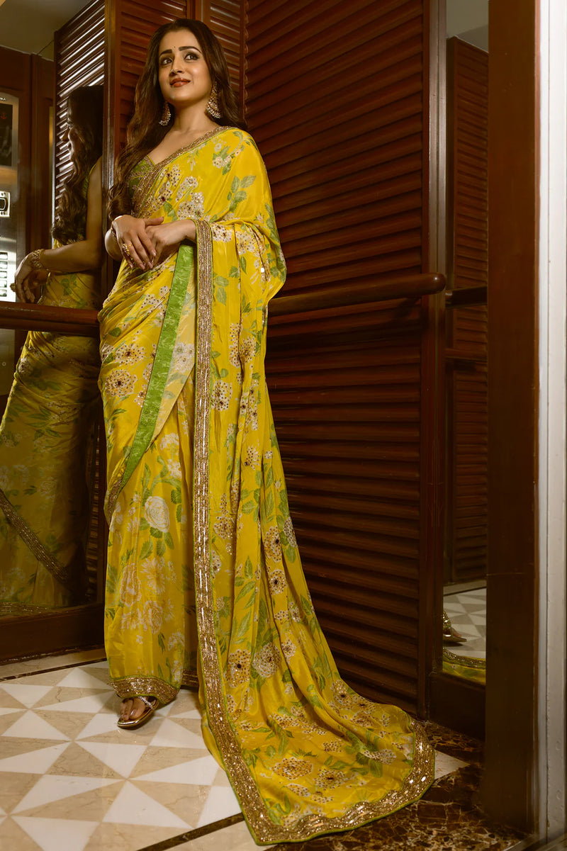 Trisha Krishnan In The Trisha Saree Set crepe saree by Paulmi & Harsh in yellow for women Worldwide