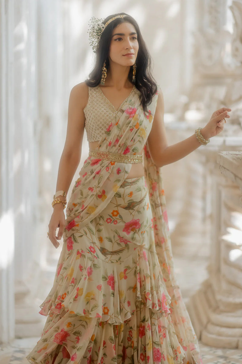 Isra Saree Set viscose georgette saree by Paulmi & Harsh in ivory for women Worldwide