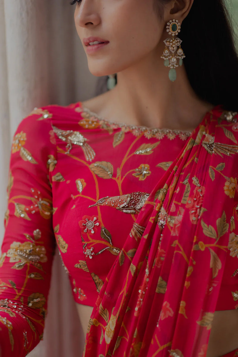 Alaia Saree Set – Peony Pink viscose georgette saree by Paulmi & Harsh in red for women Worldwide