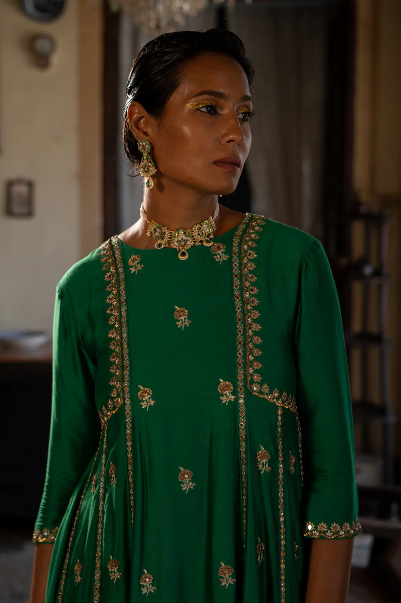 Aakasha Anarkali Set chiniya silk kurta/kurta set by Paulmi & Harsh in green for women Worldwide