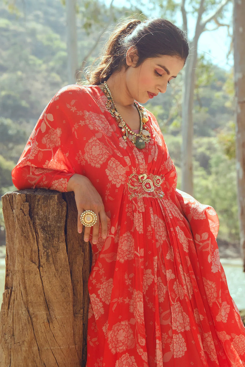 Hazel Kaftan – Red viscose georgette indo-western by Paulmi & Harsh in orange for women Worldwide