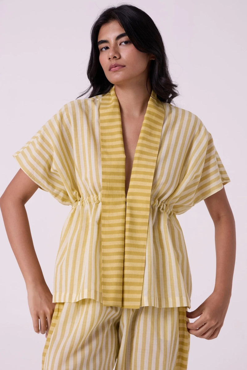 Sajith Yellow Striped Handwoven Tie Top handwoven cotton top/shirt by The Summer House in yellow for women Worldwide