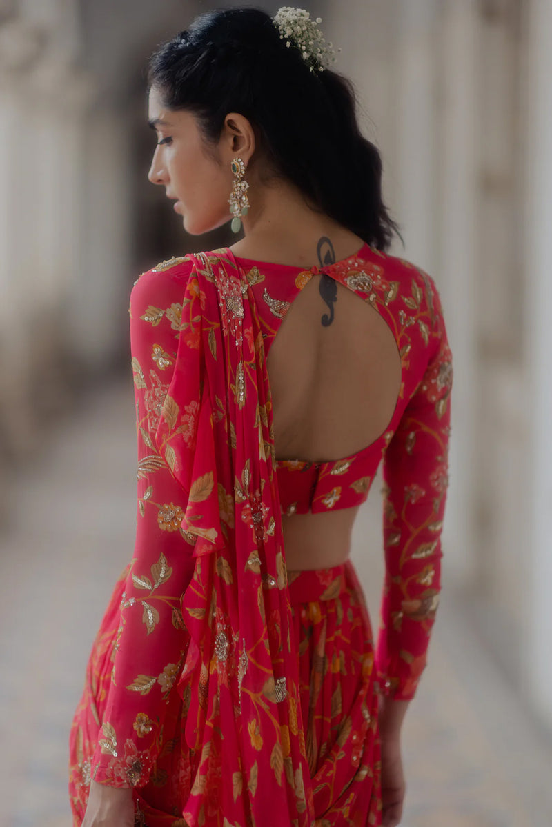 Alaia Saree Set – Peony Pink viscose georgette saree by Paulmi & Harsh in red for women Worldwide