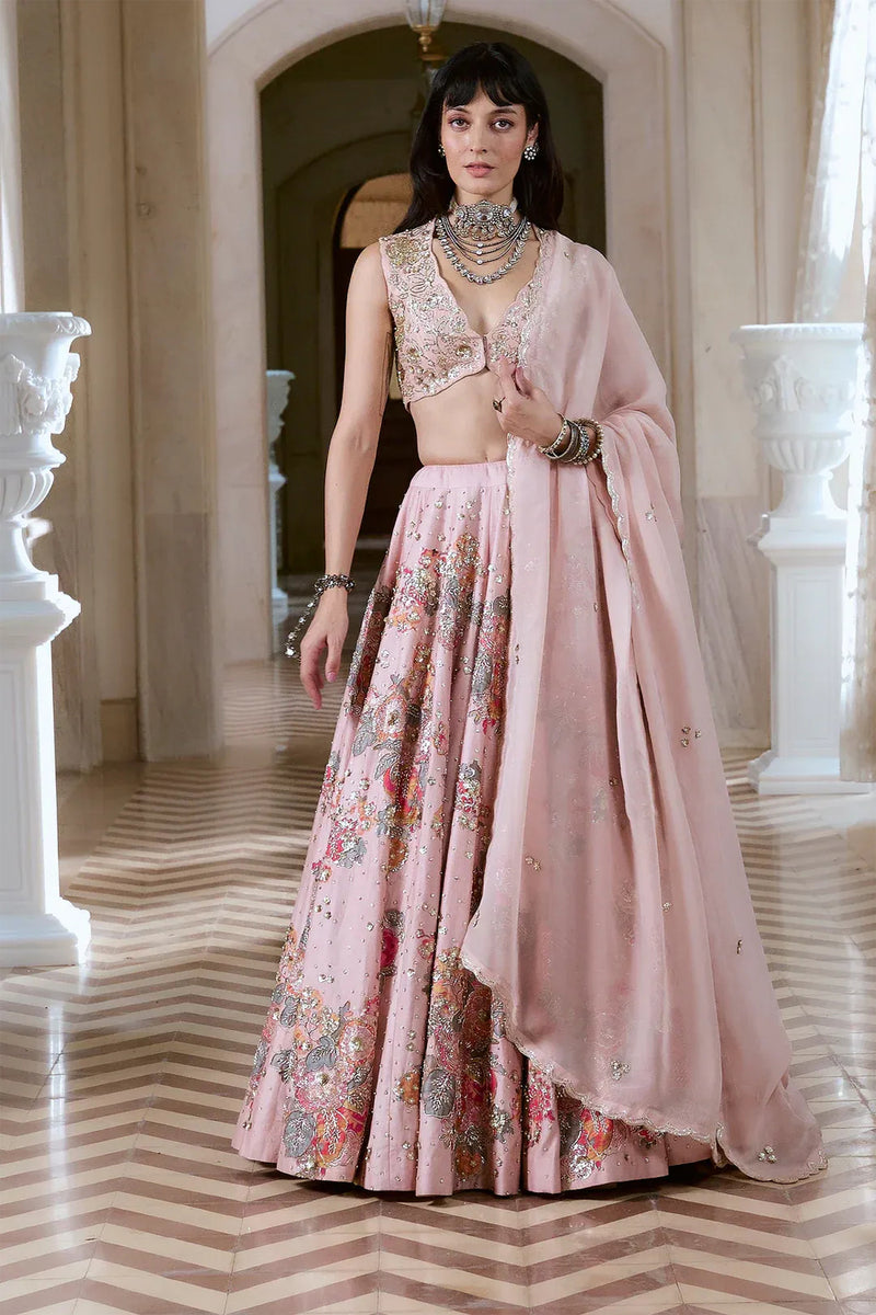 Jaiswal Pragya In The Vincenza Lehenga Set chiniya silk lehenga sets by Paulmi & Harsh in pink for women Worldwide