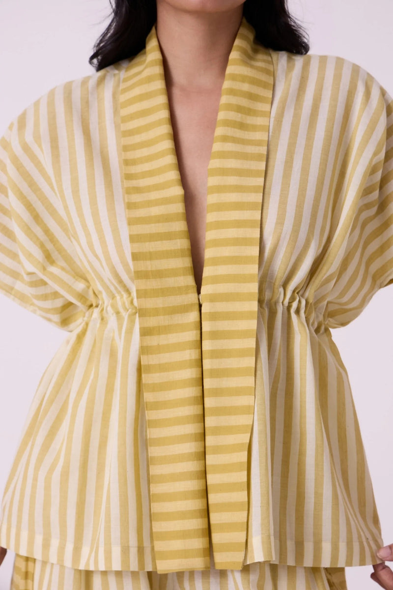 Sajith Yellow Striped Handwoven Tie Top handwoven cotton top/shirt by The Summer House in yellow for women Worldwide